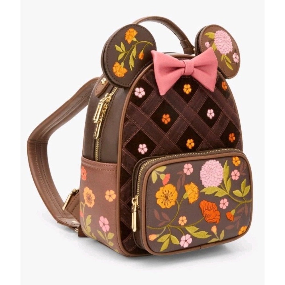 NWT Disney Minnie Mouse Velvet Floral Interchangeable Ears Backpack & WALLET SET - Picture 3 of 11